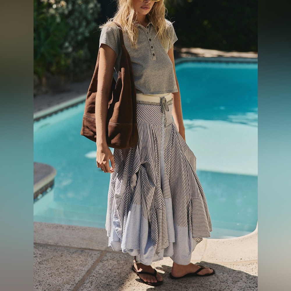 Free People Tied And True Striped Asymmetrical Gathered Bustle Cotton Maxi Skirt